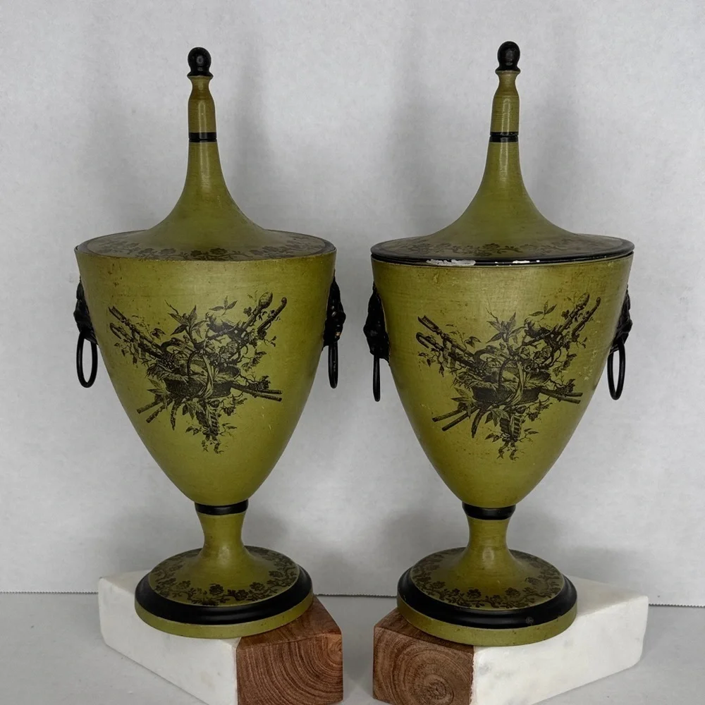 Mid Century Italian Olive Tole Urns Pair Signed